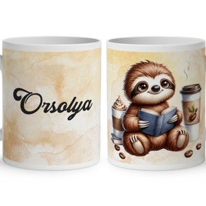 Névvel kérhető - Kávés lajhár és egy jó regény mintás bögre, Otthon & Életmód, Konyhafelszerelés, tálalás, Tálalás, Bögre & Csésze, , MESKA