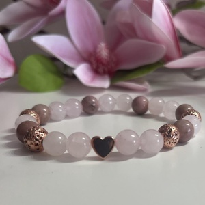 Rózsakvarc, Rodonit és Lávakő ásvány karkötő, Rosegold szívvel , Ékszer, Karkötő, Ásványkarkötő, Ékszerkészítés, MESKA