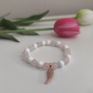 Rózsakvarc és Kagylóhéj ásványkarkötő Rosegold színű angyalszárnnyal díszítve , Ékszer, Karkötő, Ásványkarkötő, , MESKA