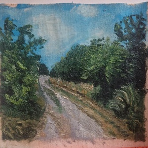 Eredeti, kisméretű olajkép (19 x 18 cm ): Békés vidéki út (Peaceful Country Lane) - művészet - festmény - olajfestmény - Meska.hu