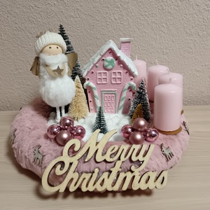 Rózsaszín, angyalkás adventi koszorú - karácsony - adventi díszek - adventi koszorú - Meska.hu