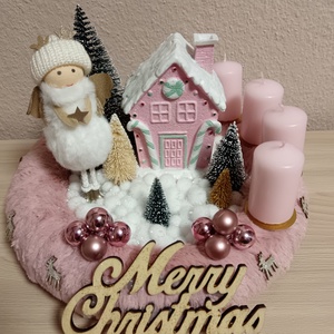 Rózsaszín, angyalkás adventi koszorú - karácsony - adventi díszek - adventi koszorú - Meska.hu