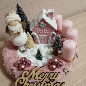 Rózsaszín, angyalkás adventi koszorú - karácsony - adventi díszek - adventi koszorú - Meska.hu