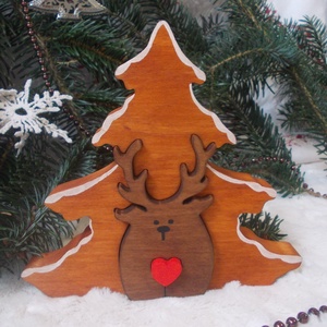 Karácsonyi szarvas fenyővel havas, Karácsony, Karácsonyi lakásdekoráció, Karácsonyi lakásdíszek, Famegmunkálás, Festett tárgyak, MESKA