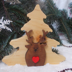 Karácsonyi szarvas fenyővel , Karácsony, Karácsonyi lakásdekoráció, Karácsonyi lakásdíszek, Famegmunkálás, Festett tárgyak, MESKA