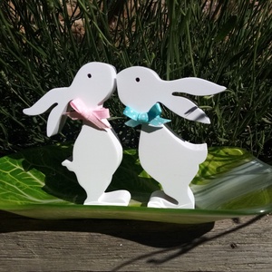 Fehér Nyúl pár masnival  - otthon & életmód - dekoráció - asztal és polc dekoráció - asztaldísz - Meska.hu