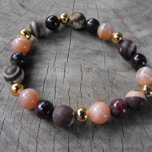 Jáspis , holdkő, gránát gumis karkötő, Ékszer, Karkötő, Gyöngyös karkötő, Ékszerkészítés, MESKA