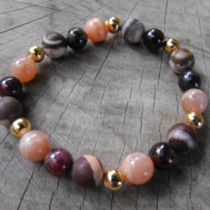 Jáspis , holdkő, gránát gumis karkötő - ékszer - karkötő - gyöngyös karkötő - Meska.hu