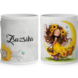 Névvel kérhető - Cuki Napraforgós tündérlány kosárral mintás bögre, Otthon & Életmód, Konyhafelszerelés, tálalás, Tálalás, Bögre & Csésze, , MESKA