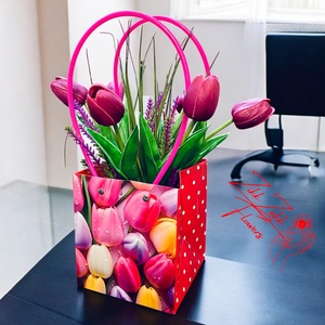 Pöttyös Tulipános Ajándék Táska , Otthon & Életmód, Dekoráció, Virágdísz és tartó, Virágbox, virágdoboz, , MESKA