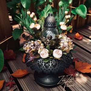 Barna Angyalszárny Mécses kompozíció  Vintage Virágokkal - otthon & életmód - vallás - temetkezési tárgy - temetői gyertyák, mécsesek - Meska.hu