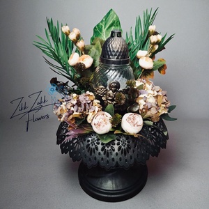 Barna Angyalszárny Mécses kompozíció  Vintage Virágokkal, Otthon & Életmód, Vallás, Temetkezési tárgy, Temetői gyertyák, mécsesek, , MESKA