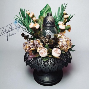 Barna Angyalszárny Mécses kompozíció  Vintage Virágokkal - otthon & életmód - vallás - temetkezési tárgy - temetői gyertyák, mécsesek - Meska.hu