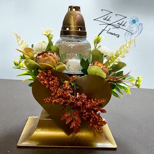 Bronz Szív Emlékmécses  Őszi Díszítéssel, Otthon & Életmód, Vallás, Temetkezési tárgy, Temetői gyertyák, mécsesek, , MESKA