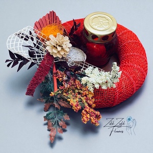 Vörös Kerek Mécses koszorú  Őszi Dekorral, Otthon & Életmód, Vallás, Temetkezési tárgy, Temetői gyertyák, mécsesek, , MESKA