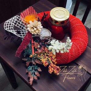 Vörös Kerek Mécses koszorú  Őszi Dekorral - otthon & életmód - vallás - temetkezési tárgy - temetői gyertyák, mécsesek - Meska.hu