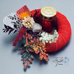 Vörös Kerek Mécses koszorú  Őszi Dekorral - otthon & életmód - vallás - temetkezési tárgy - temetői gyertyák, mécsesek - Meska.hu