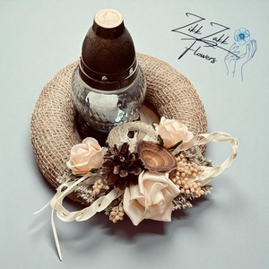 Bézs Rózsás Mécses koszorú  Natúr Színekben, Otthon & Életmód, Vallás, Temetkezési tárgy, Temetői gyertyák, mécsesek, , MESKA