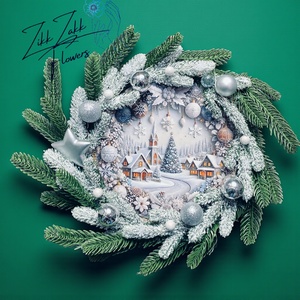 Ajtódísz LED-es  Téli falu ezüst díszekkel - otthon & életmód - dekoráció - ajtó- és ablak dekoráció - ajtódísz & kopogtató - Meska.hu