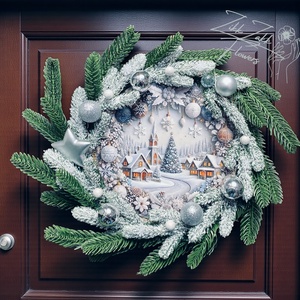Ajtódísz LED-es  Téli falu ezüst díszekkel - otthon & életmód - dekoráció - ajtó- és ablak dekoráció - ajtódísz & kopogtató - Meska.hu
