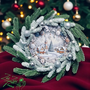 Ajtódísz LED-es  Téli falu ezüst díszekkel - otthon & életmód - dekoráció - ajtó- és ablak dekoráció - ajtódísz & kopogtató - Meska.hu