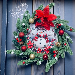 Ajtódísz LED-es  Havas hóember piros-arany díszekkel - karácsony - adventi díszek - adventi ajtódísz - Meska.hu