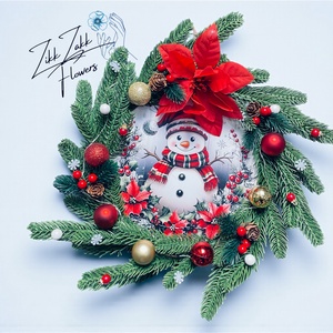 Ajtódísz LED-es  Havas hóember piros-arany díszekkel - karácsony - adventi díszek - adventi ajtódísz - Meska.hu