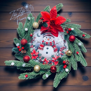 Ajtódísz LED-es  Havas hóember piros-arany díszekkel - karácsony - adventi díszek - adventi ajtódísz - Meska.hu