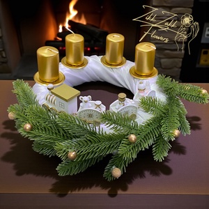 Adventi Koszorú  Fehér-Arany Vonatos Díszítéssel - karácsony - adventi díszek - adventi koszorú - Meska.hu