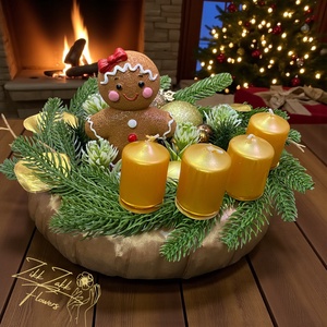 Adventi Koszorú � Mézeskalács Figurával és Arany Gyertyákkal - karácsony - adventi díszek - adventi koszorú - Meska.hu
