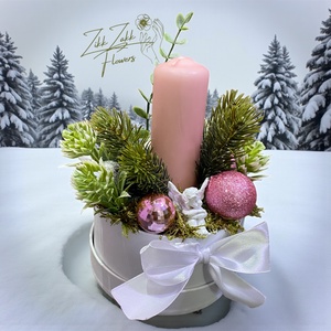 Díszdobozos kompozíció  rózsaszín gyertyával, Karácsony, Adventi díszek, Adventi asztaldísz, , MESKA