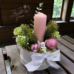 Díszdobozos kompozíció  rózsaszín gyertyával - karácsony - adventi díszek - adventi asztaldísz - Meska.hu