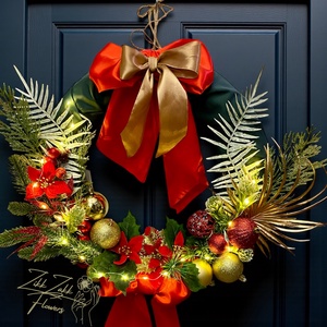 PIROSARANY MASNIS KARÁCSONYI AJTÓDÍSZ (LED fényfüzérrel) - karácsony - adventi díszek - adventi ajtódísz - Meska.hu