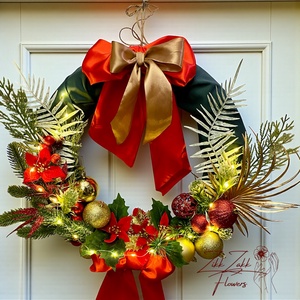 PIROSARANY MASNIS KARÁCSONYI AJTÓDÍSZ (LED fényfüzérrel) - karácsony - adventi díszek - adventi ajtódísz - Meska.hu