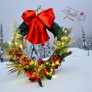 PIROS MASNIS ARANYZÖLD KARÁCSONYI AJTÓDÍSZ (LED fényfüzérrel) - karácsony - adventi díszek - adventi ajtódísz - Meska.hu