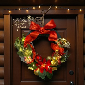 Karácsonyi Ajtódísz  Piros-Arany Masnis, LED-es  - karácsony - adventi díszek - adventi ajtódísz - Meska.hu