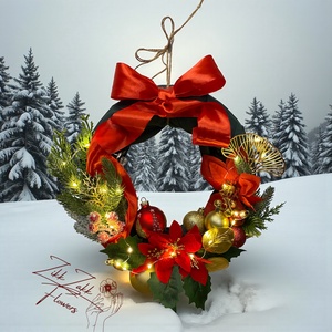 Karácsonyi Ajtódísz  Piros-Arany Masnis, LED-es  - karácsony - adventi díszek - adventi ajtódísz - Meska.hu