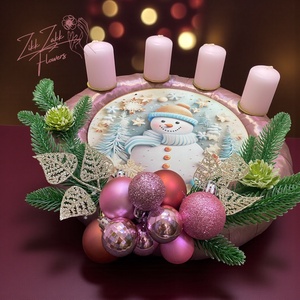 Adventi koszorú  Rózsaszín Hóemberes (4 rózsaszín gyertyával) - karácsony - adventi díszek - adventi koszorú - Meska.hu