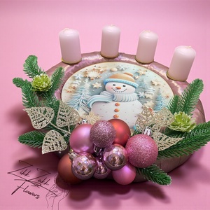Adventi koszorú  Rózsaszín Hóemberes (4 rózsaszín gyertyával), Karácsony, Adventi díszek, Adventi koszorú, , MESKA