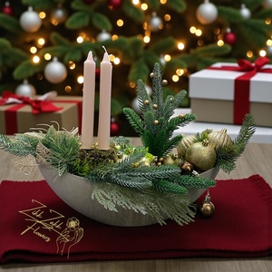 Adventi asztaldísz  BézsGold csónak alakú tálban (4 bézs gyertyával) - karácsony - adventi díszek - adventi asztaldísz - Meska.hu