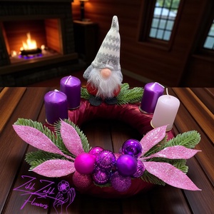 Adventi koszorú  Lila manós, pinklila díszítéssel - karácsony - adventi díszek - adventi koszorú - Meska.hu