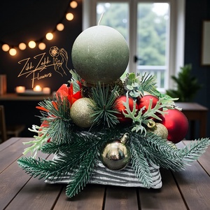 Karácsonyi dísz  pasztell rózsaszín gyertyás kompozíció kúp alakú tálban  - karácsony - adventi díszek - adventi asztaldísz - Meska.hu