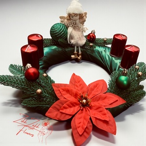 Adventi koszorú  zöld alapon, piros gyertyákkal, Karácsony, Adventi díszek, Adventi koszorú, , MESKA