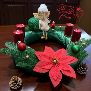 Adventi koszorú  zöld alapon, piros gyertyákkal - karácsony - adventi díszek - adventi koszorú - Meska.hu