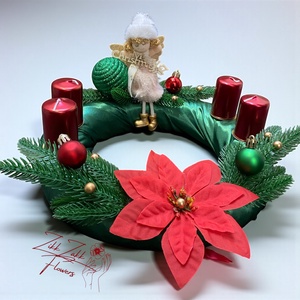 Adventi koszorú  zöld alapon, piros gyertyákkal - karácsony - adventi díszek - adventi koszorú - Meska.hu