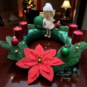 Adventi koszorú  zöld alapon, piros gyertyákkal - karácsony - adventi díszek - adventi koszorú - Meska.hu