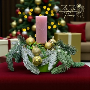 Adventi asztaldísz � Pasztell rózsaszín gyertyával (zöld tálban) - karácsony - adventi díszek - adventi asztaldísz - Meska.hu