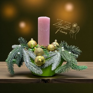 Adventi asztaldísz � Pasztell rózsaszín gyertyával (zöld tálban), Karácsony, Adventi díszek, Adventi asztaldísz, , MESKA