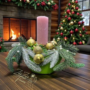 Adventi asztaldísz � Pasztell rózsaszín gyertyával (zöld tálban) - karácsony - adventi díszek - adventi asztaldísz - Meska.hu