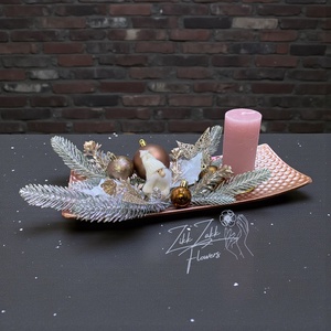 Rózsaarany hosszú tál  pink gyertyával - Meska.hu